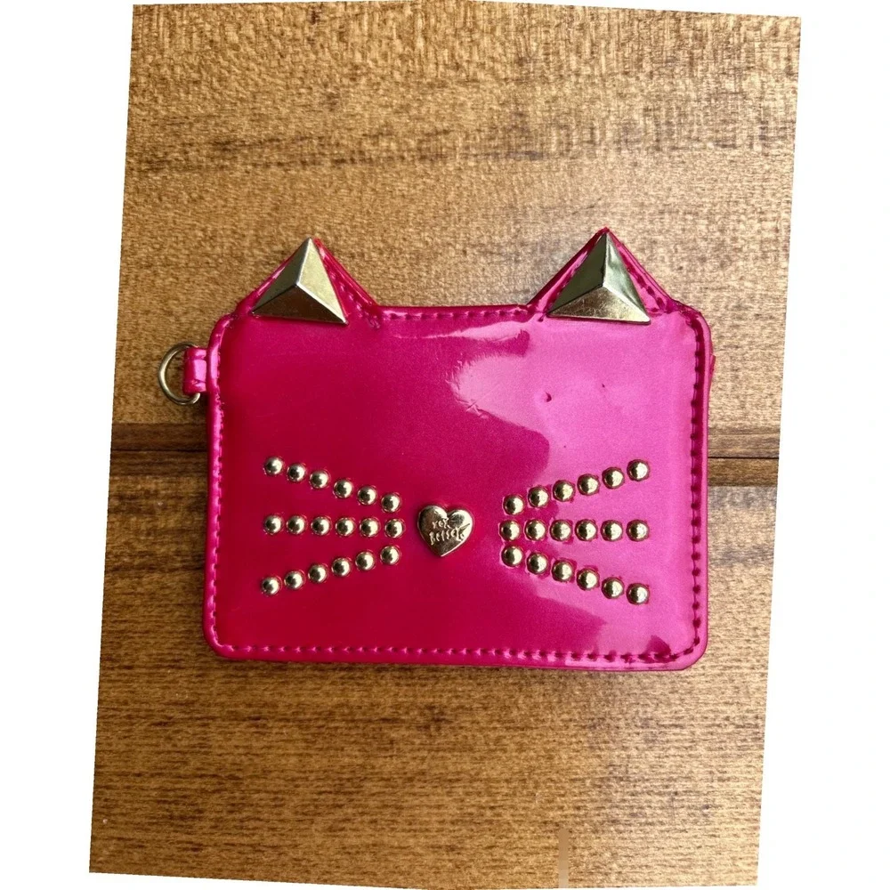 Betsey Johnson Cat Card Holder Hot Pink Studded Faux Patent Leather Y2K Wallet